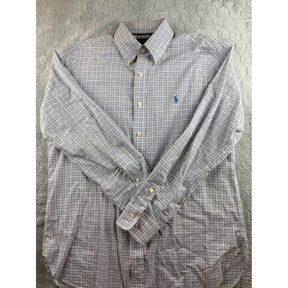 Ralph Lauren Men's Button Down Shirt Plaid Stretch‎ Cotton Blue Yellow Size M